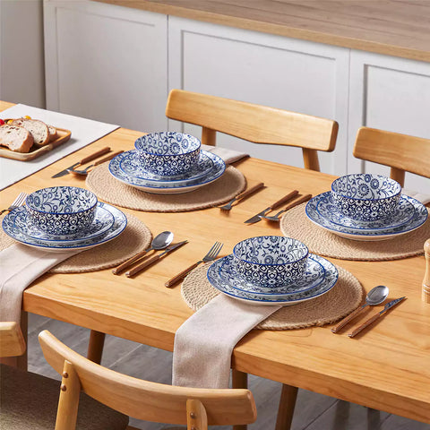 Selene 12-Piece Porcelain Dinnerware Set with blue and white Sol pattern and Japanese-inspired design - including matching plates and bowls-vancasso