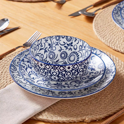 Selene 12-Piece Porcelain Dinnerware Set with blue and white Sol pattern and Japanese-inspired design - including matching plates and bowls-vancasso