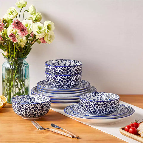 Selene 12-Piece Porcelain Dinnerware Set with blue and white Sol pattern and Japanese-inspired design - including matching plates and bowls-vancasso