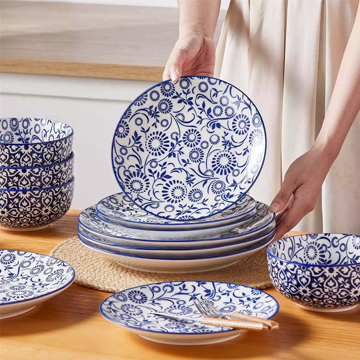 Selene 12-Piece Porcelain Dinnerware Set with blue and white Sol pattern and Japanese-inspired design - including matching plates and bowls-vancasso