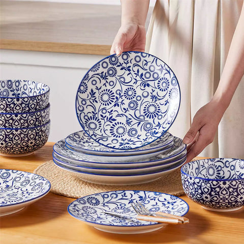 Selene 12-Piece Porcelain Dinnerware Set with blue and white Sol pattern and Japanese-inspired design - including matching plates and bowls-vancasso