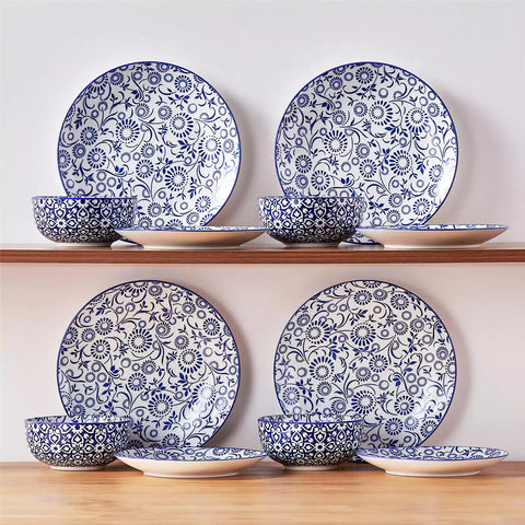 Selene 12-Piece Porcelain Dinnerware Set with blue and white Sol pattern and Japanese-inspired design - including matching plates and bowls-vancasso