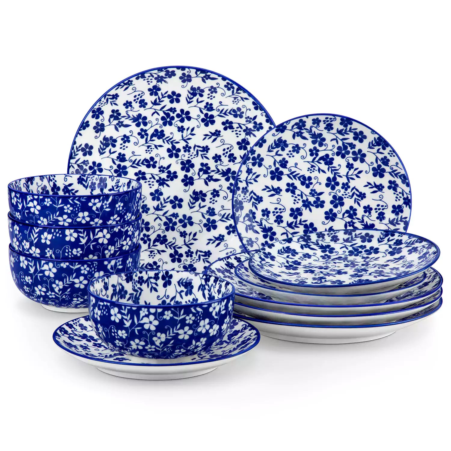 Selene 12-Piece Porcelain Dinnerware Set with blue and white Starry pattern and Japanese-inspired design - including matching plates and bowls-vancasso