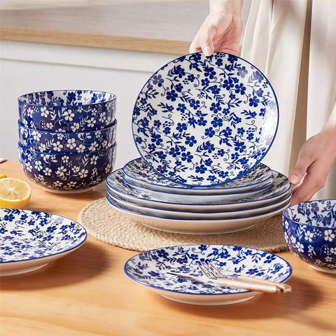 Selene 12-Piece Porcelain Dinnerware Set with blue and white Starry pattern and Japanese-inspired design - including matching plates and bowls-vancasso