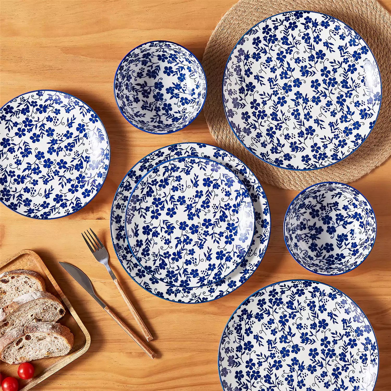Selene 12-Piece Porcelain Dinnerware Set with blue and white Starry pattern and Japanese-inspired design - including matching plates and bowls-vancasso