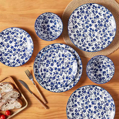 Selene 12-Piece Porcelain Dinnerware Set with blue and white Starry pattern and Japanese-inspired design - including matching plates and bowls-vancasso