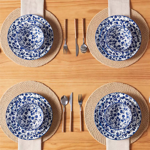 Selene 12-Piece Porcelain Dinnerware Set with blue and white Starry pattern and Japanese-inspired design - including matching plates and bowls-vancasso