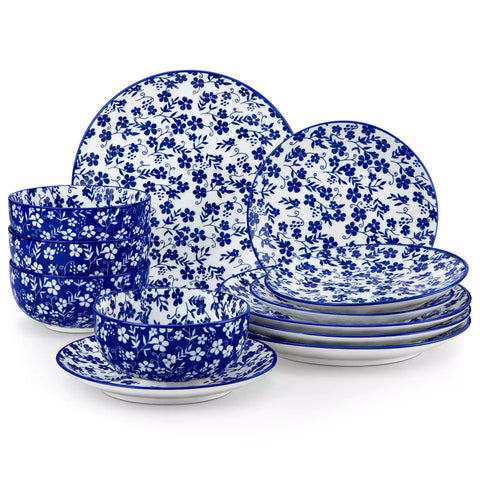 Selene 12-Piece Porcelain Dinnerware Set with blue and white Starry pattern and Japanese-inspired design - including matching plates and bowls-vancasso