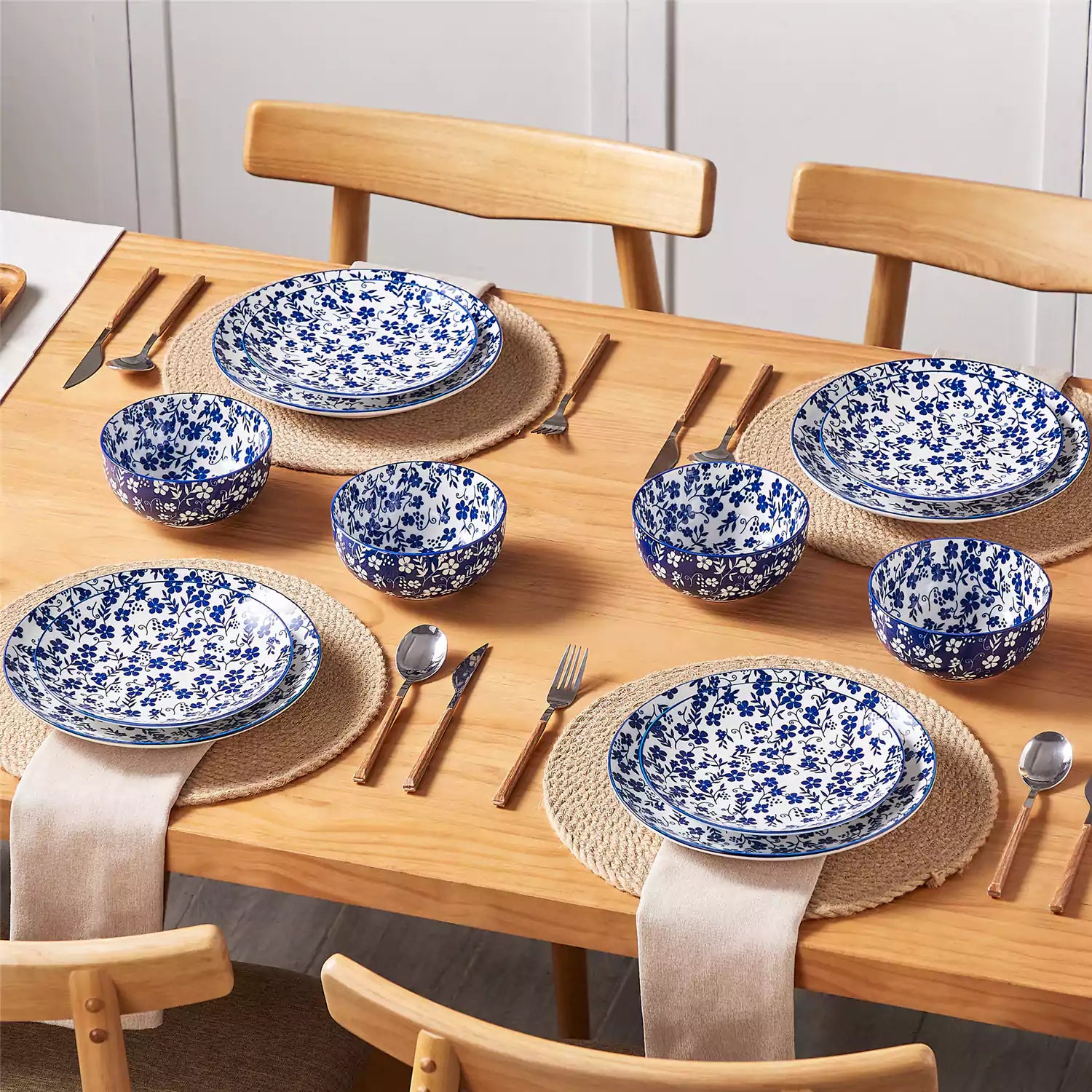Selene 12-Piece Porcelain Dinnerware Set with blue and white Starry pattern and Japanese-inspired design - including matching plates and bowls-vancasso