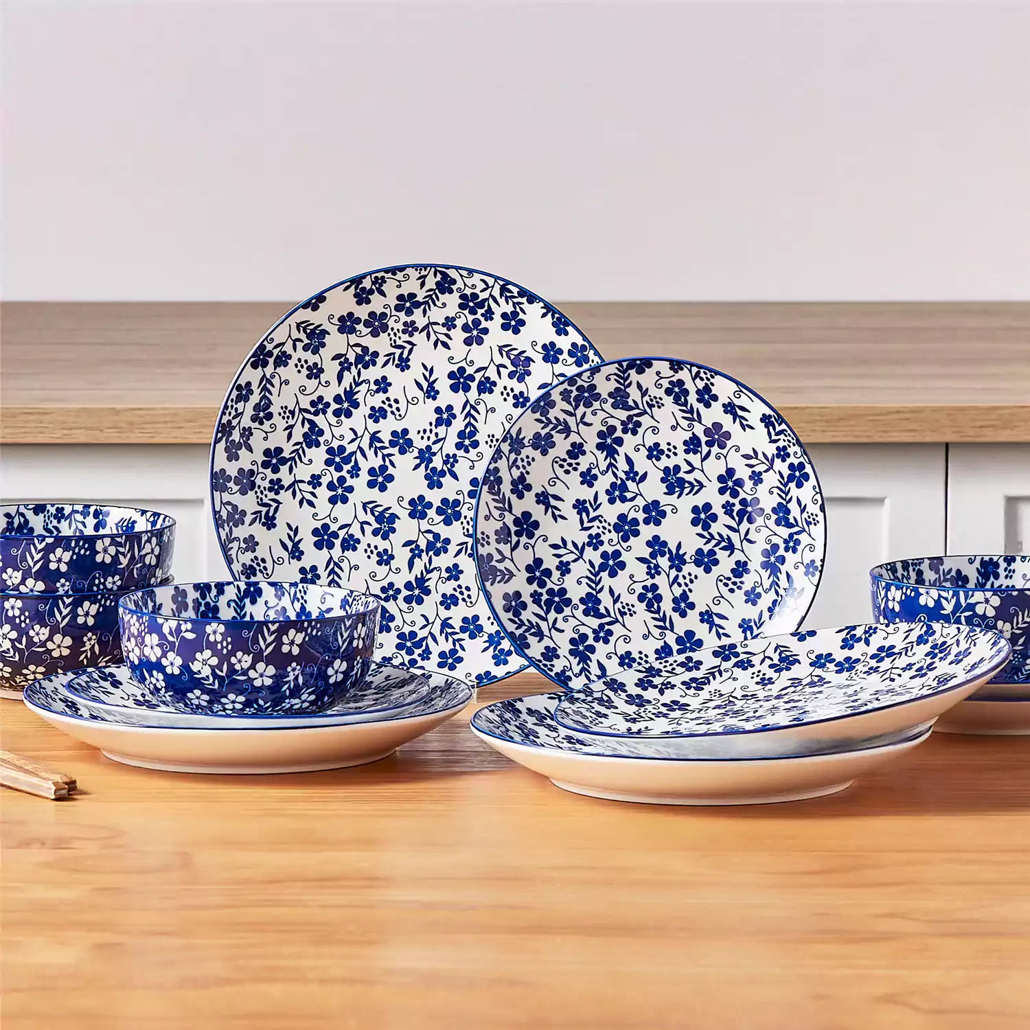 Selene 12-Piece Porcelain Dinnerware Set with blue and white Starry pattern and Japanese-inspired design - including matching plates and bowls-vancasso