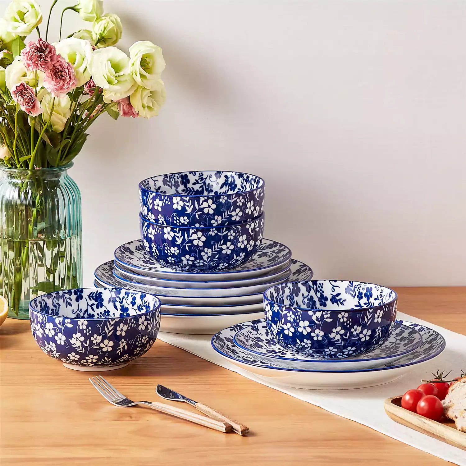 Selene 12-Piece Porcelain Dinnerware Set with blue and white Starry pattern and Japanese-inspired design - including matching plates and bowls-vancasso