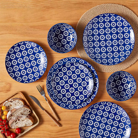 Selene 12-Piece Porcelain Dinnerware Set with blue and white Daisy pattern and Japanese-inspired design - including matching plates and bowls-vancasso