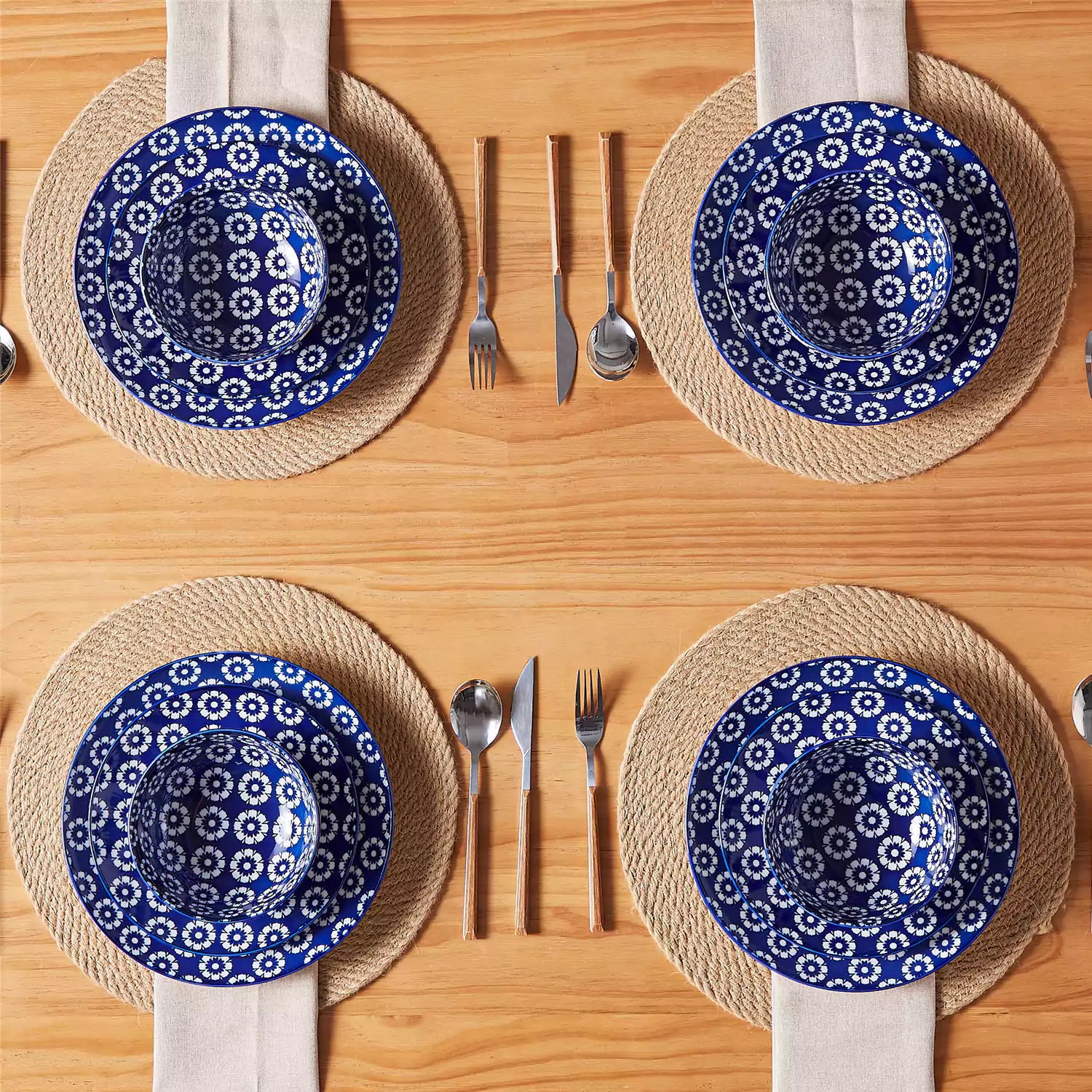 Selene 12-Piece Porcelain Dinnerware Set with blue and white Daisy pattern and Japanese-inspired design - including matching plates and bowls-vancasso