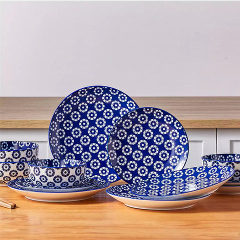 Selene 12-Piece Porcelain Dinnerware Set with blue and white Daisy pattern and Japanese-inspired design - including matching plates and bowls-vancasso