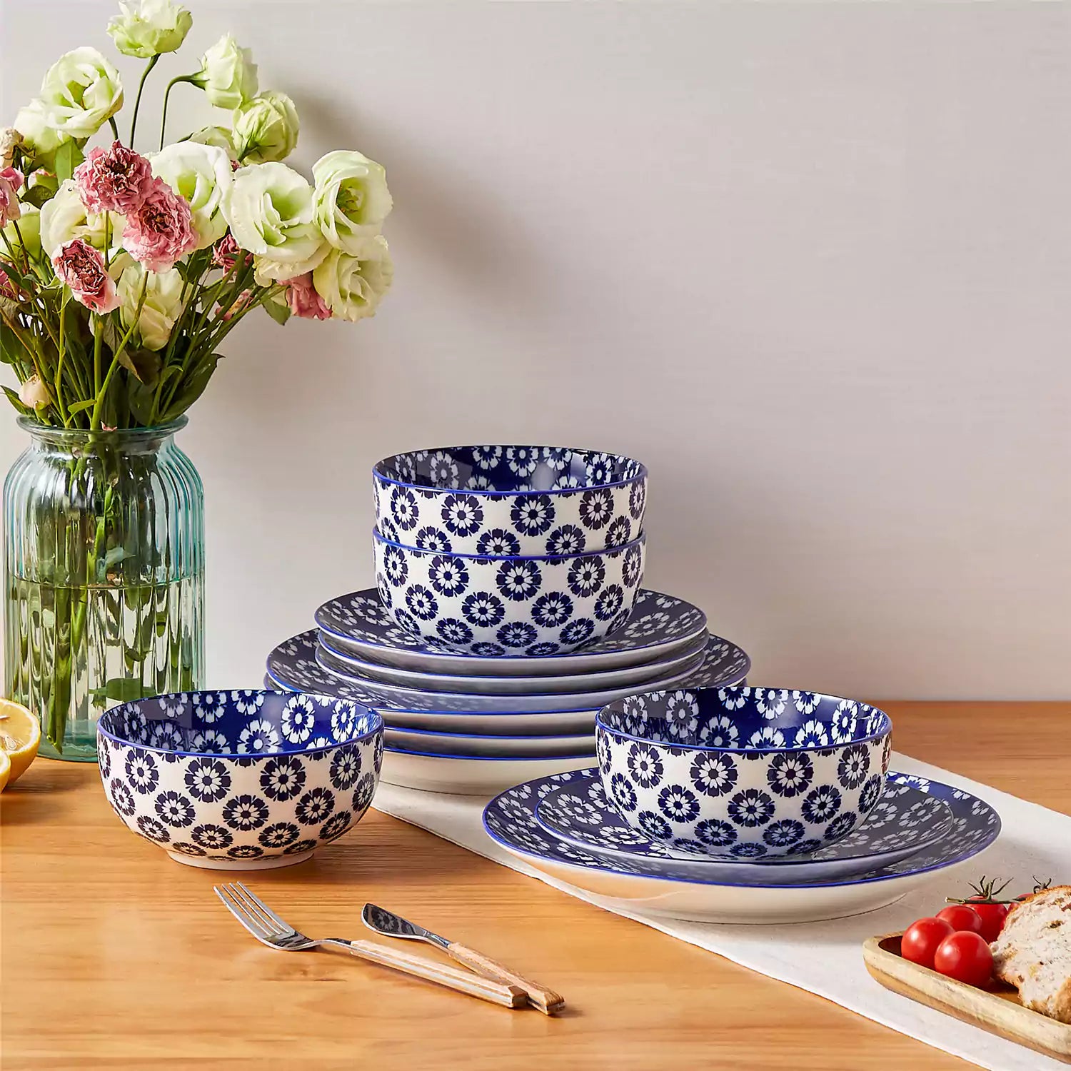 Selene 12-Piece Porcelain Dinnerware Set with blue and white Daisy pattern and Japanese-inspired design - including matching plates and bowls-vancasso