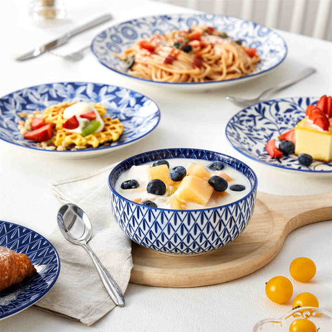 Selene 12-Piece Porcelain Dinnerware Set with blue and white glaze and Japanese-inspired design - including matching plates and bowls-vancasso