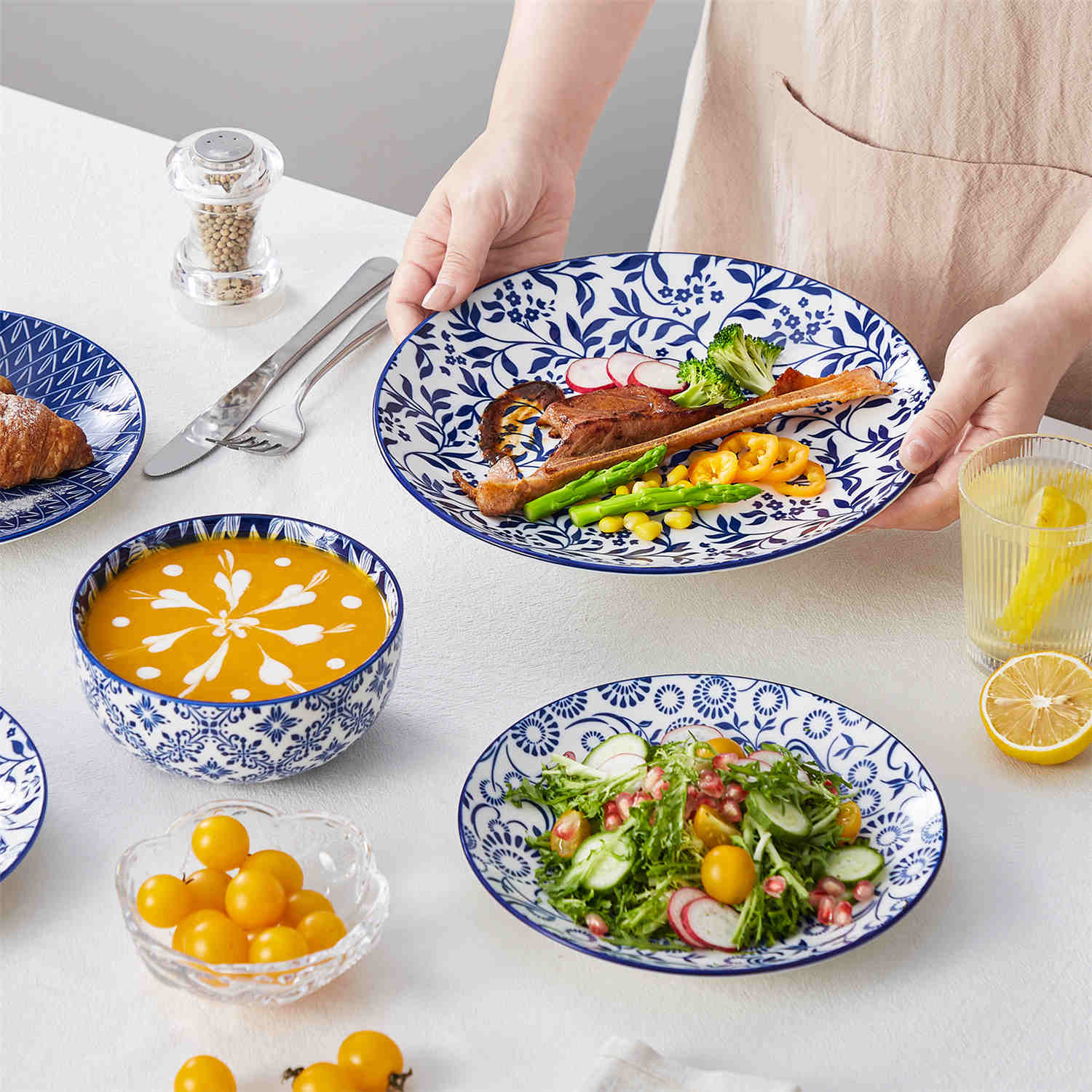 Selene 12-Piece Porcelain Dinnerware Set with blue and white glaze and Japanese-inspired design - including matching plates and bowls-vancasso