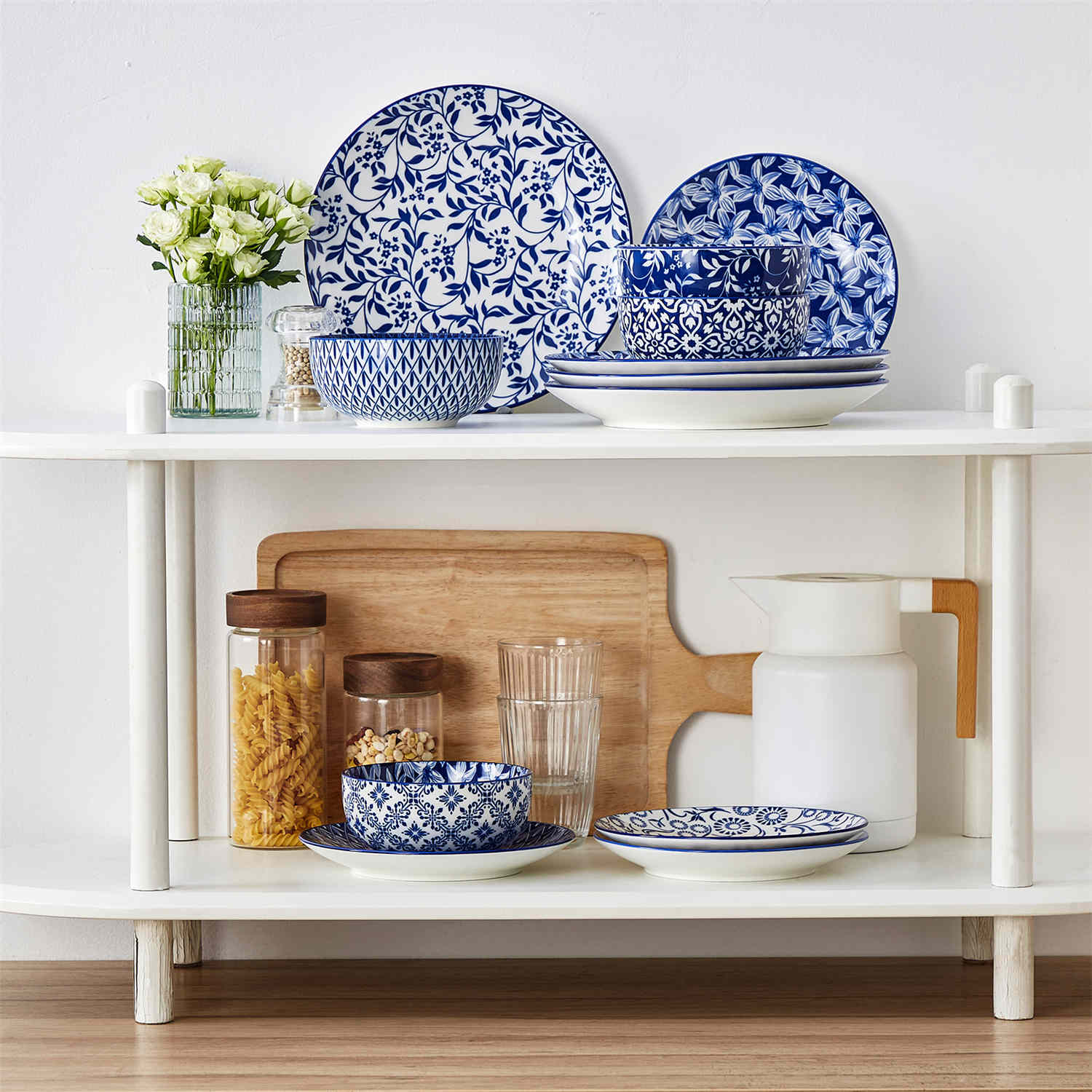 Selene 12-Piece Porcelain Dinnerware Set with blue and white glaze and Japanese-inspired design - including matching plates and bowls-vancasso