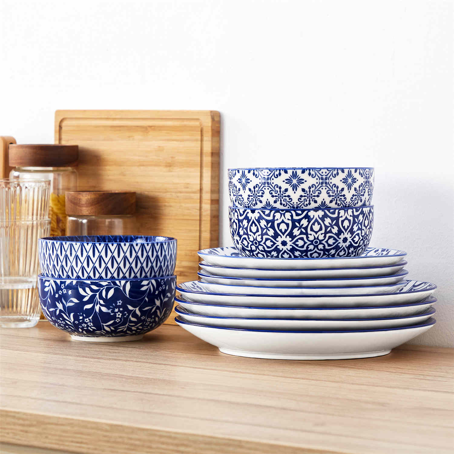Selene 12-Piece Porcelain Dinnerware Set with blue and white glaze and Japanese-inspired design - including matching plates and bowls-vancasso