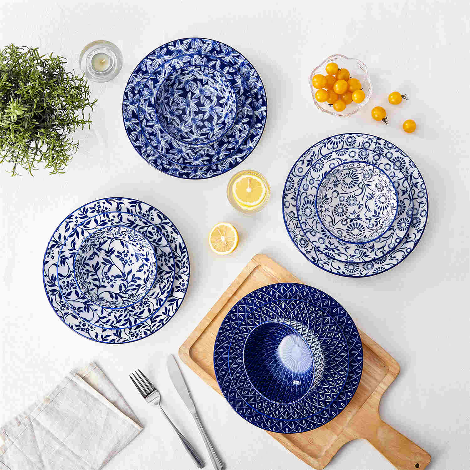 Selene 12-Piece Porcelain Dinnerware Set with blue and white glaze and Japanese-inspired design - including matching plates and bowls-vancasso