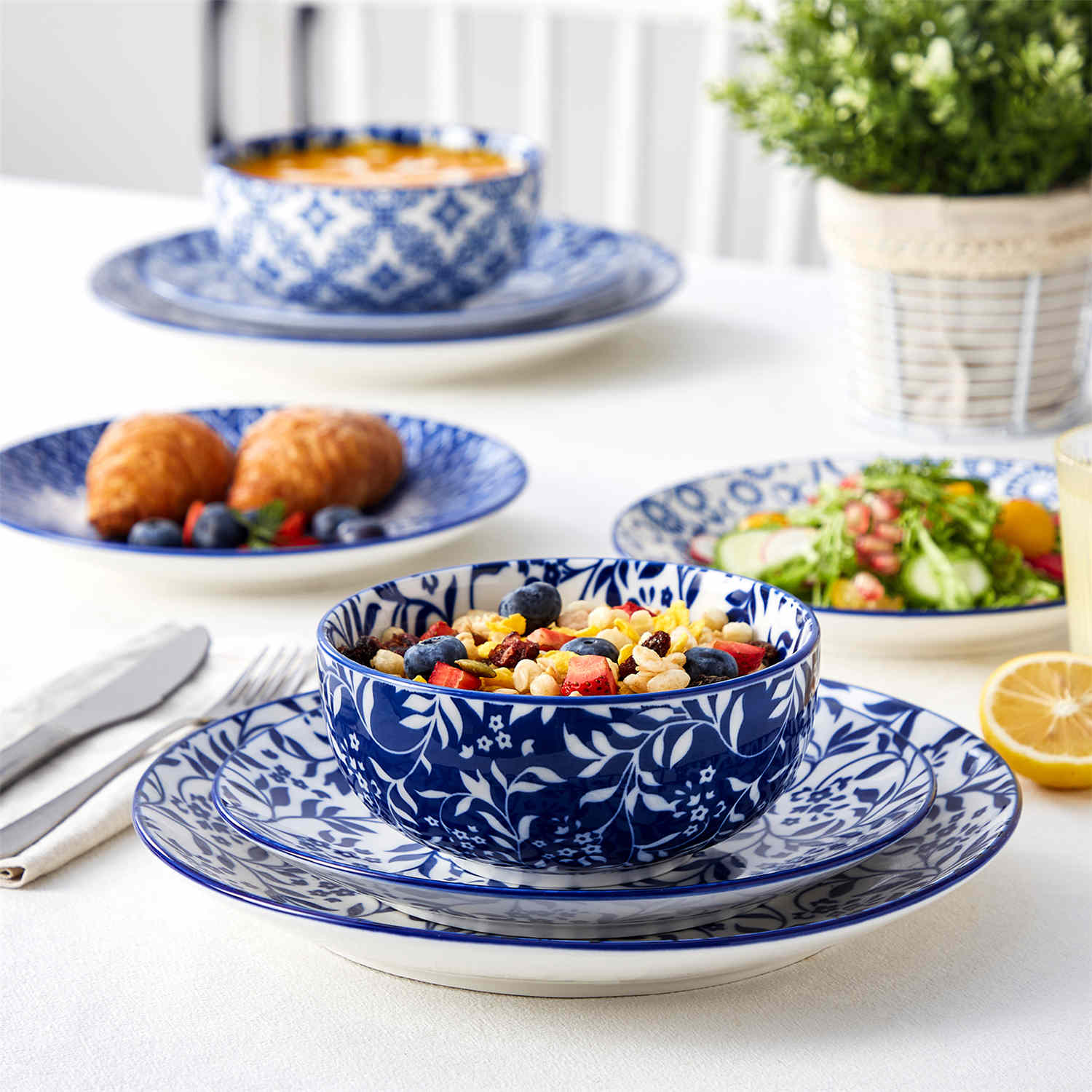 Selene 12-Piece Porcelain Dinnerware Set with blue and white glaze and Japanese-inspired design - including matching plates and bowls-vancasso