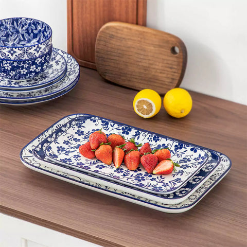 Selene serving platters Set B on dining table with assorted appetizers - fresh fruits - and pastries for elegant entertaining
