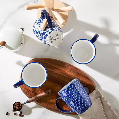 Mix and match Asian inspired porcelain mugs with Japanese indigo patterns on a coffee table