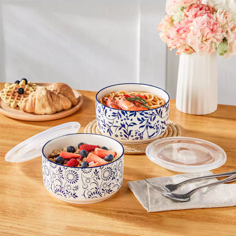 Selene blue-and-white floral porcelain food storage bowls set of 2 styled with fresh fruit and noodles on rustic wood table Japanese-inspired ceramic kitchenware for modern home dining