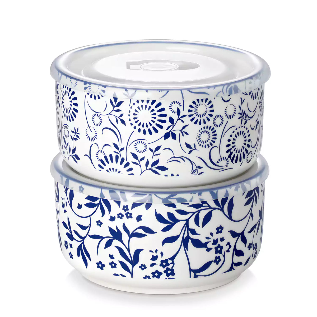 Selene blue-and-white floral porcelain food storage bowls set of 2 styled with fresh fruit and noodles on rustic wood table Japanese-inspired ceramic kitchenware for modern home dining