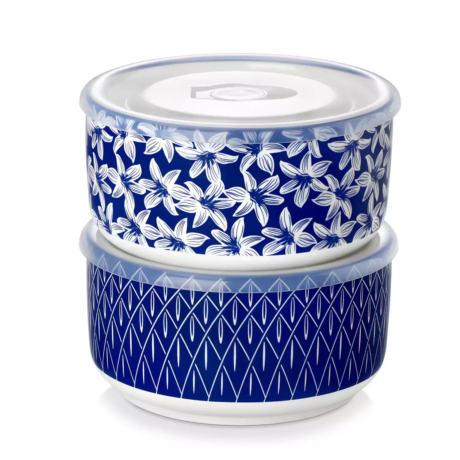 Selene deep blue and white floral porcelain food storage bowls set of 2 styled with fresh fruit and noodles on rustic wood table Japanese inspired ceramic kitchenware