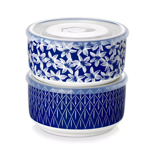 Selene deep blue and white floral porcelain food storage bowls set of 2 styled with fresh fruit and noodles on rustic wood table Japanese inspired ceramic kitchenware