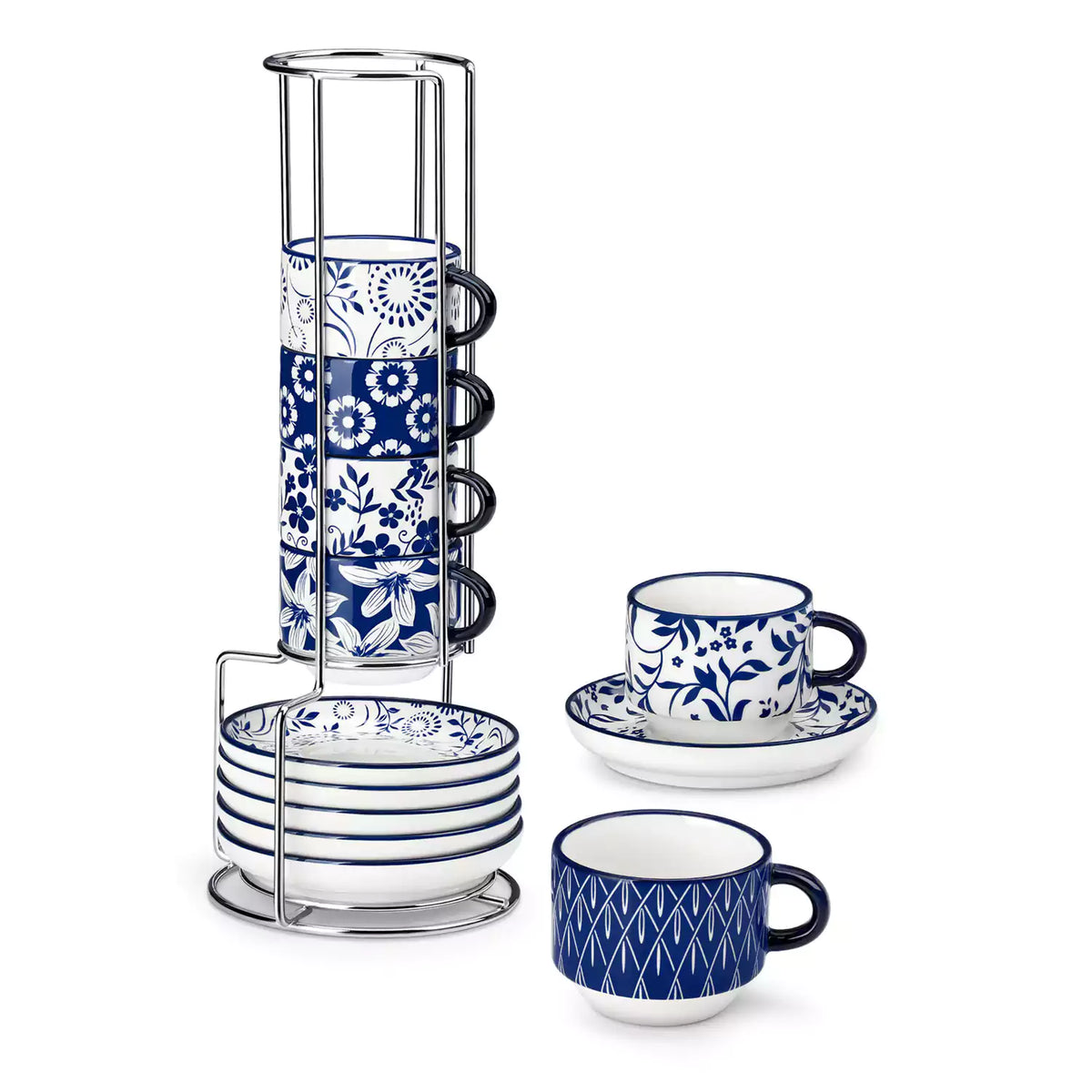 Stackable Selene 3oz blue and white indigo pattern porcelain espresso cups and saucers with a minimalist metal organizer