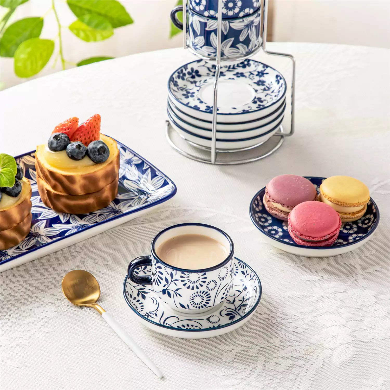 Stackable Selene 3oz blue and white indigo pattern porcelain espresso cups and saucers with a minimalist metal organizer