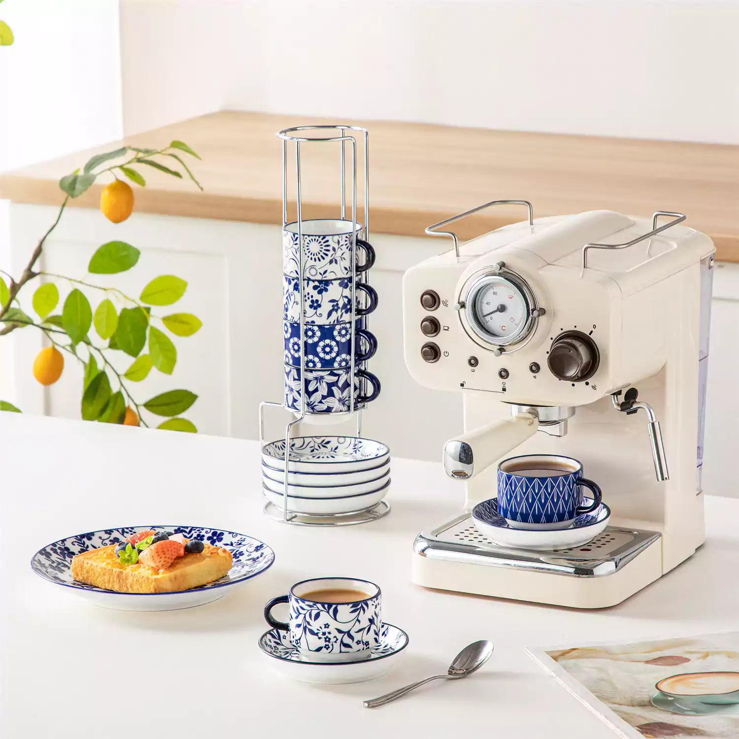 Stackable Selene 5oz blue and white indigo pattern porcelain espresso cups and saucers with a minimalist metal organizer