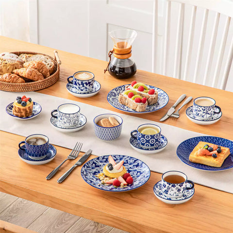 Stackable Selene 5oz blue and white indigo pattern porcelain espresso cups and saucers with a minimalist metal organizer