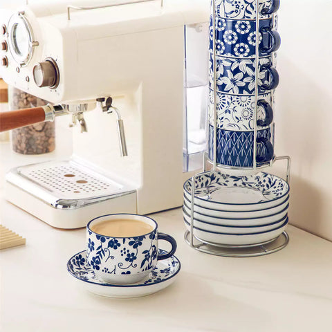 Stackable Selene 9oz blue and white indigo pattern porcelain espresso cups and saucers with a minimalist metal organizer