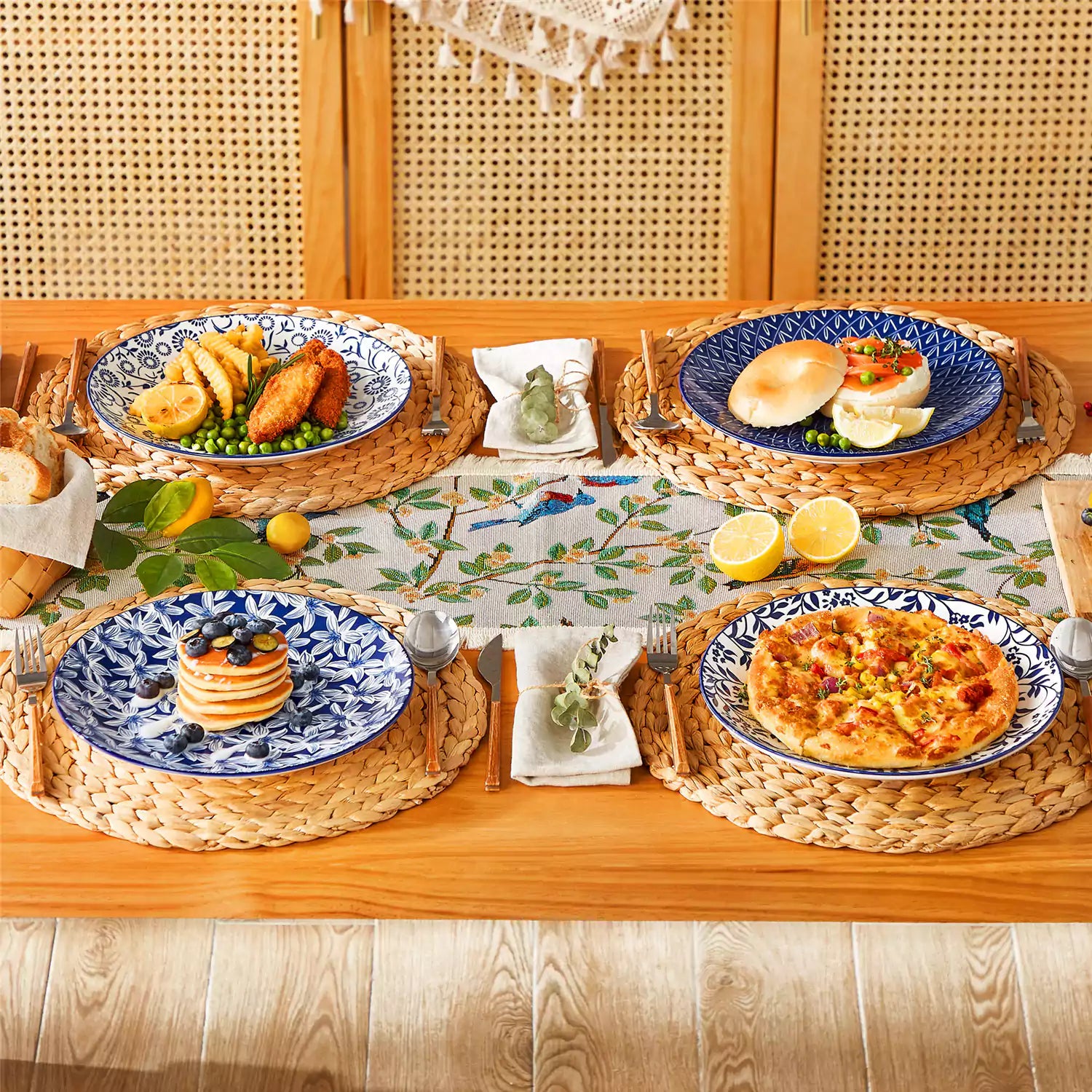 Selene porcelain dinner plates set of 4 styled with pizza and bread on woven placemat mix and match Japanese inspired table setting