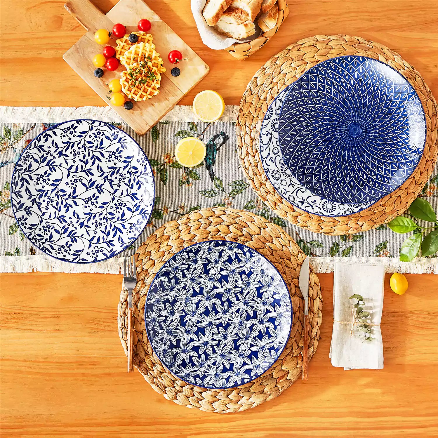 Selene porcelain dinner plates set of 4 styled with pizza and bread on woven placemat mix and match Japanese inspired table setting