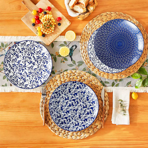 Selene porcelain dinner plates set of 4 styled with pizza and bread on woven placemat mix and match Japanese inspired table setting