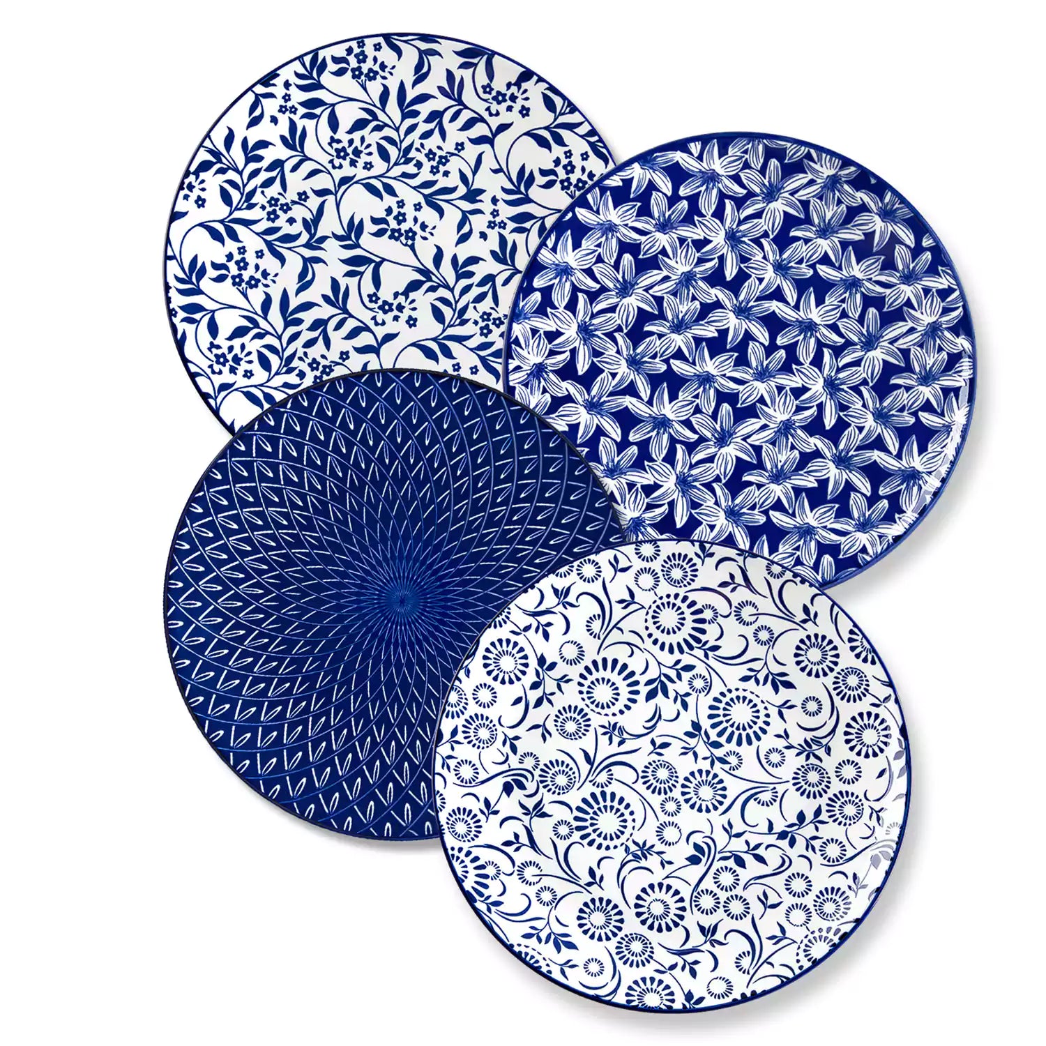 Selene porcelain dinner plates set of 4 styled with pizza and bread on woven placemat mix and match Japanese inspired table setting