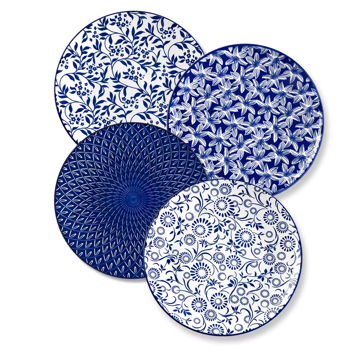 Selene porcelain dinner plates set of 4 styled with pizza and bread on woven placemat mix and match Japanese inspired table setting
