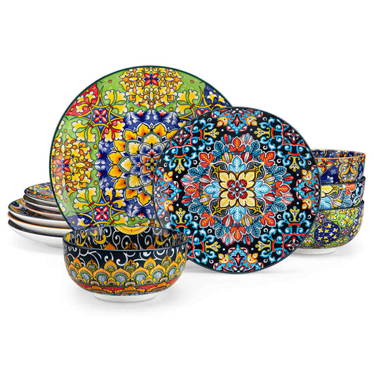 Boho Chic Simi 12-Piece Porcelain Dinnerware Set, Service for 4, Includes Sleek Round Bowls-vancasso 1500