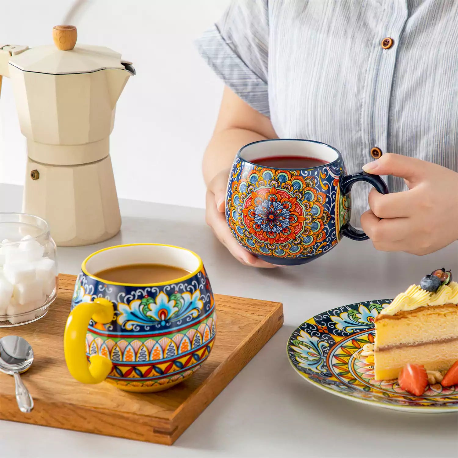 Simi deep round porcelain mugs 15oz set of 6 on cream table with coffee coffee machine beans and greenery Bohemian style-vancasso