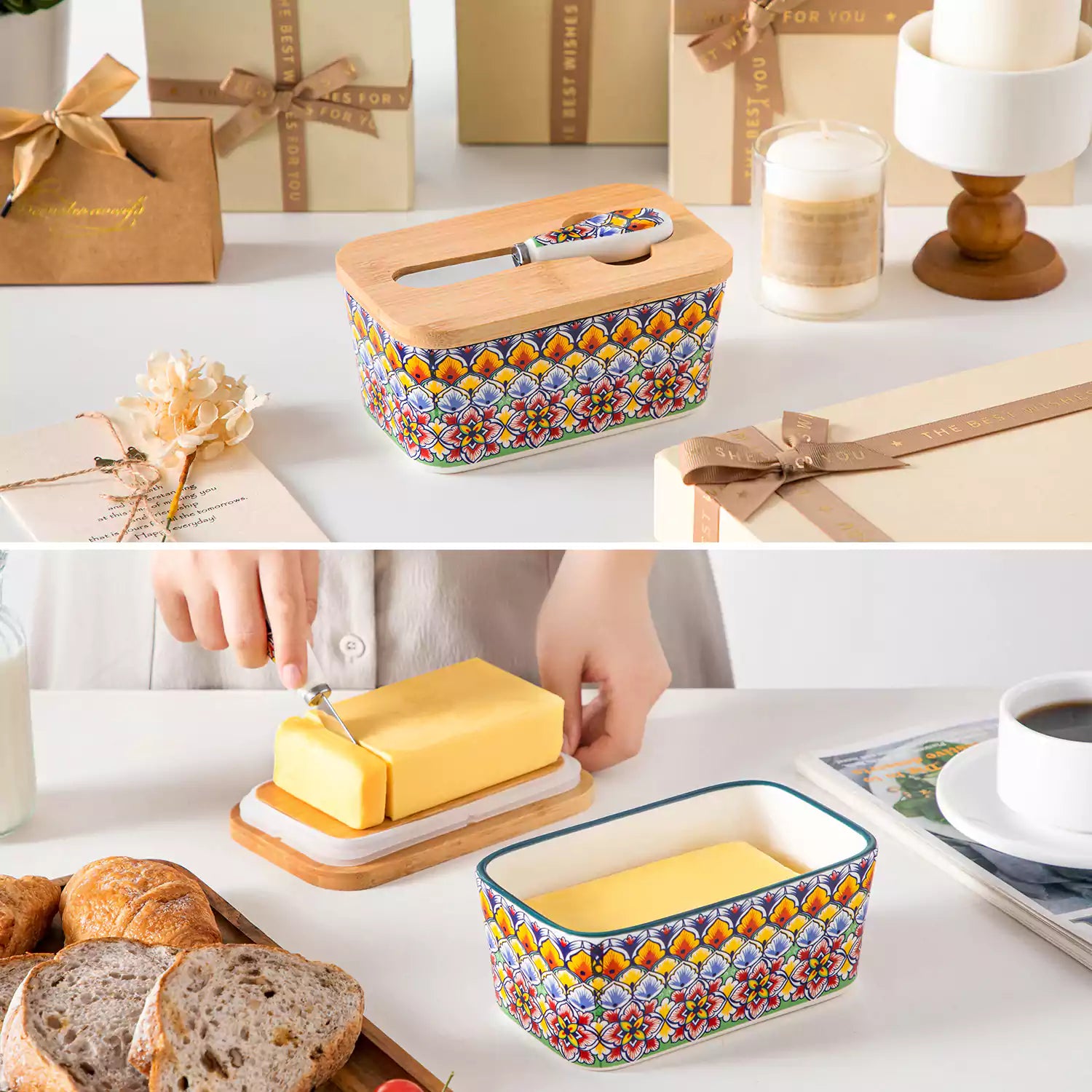 Forest green porcelain butter dish with wooden lid in boho chic style - perfect for a colorful breakfast table with bread and coffee-vancasso