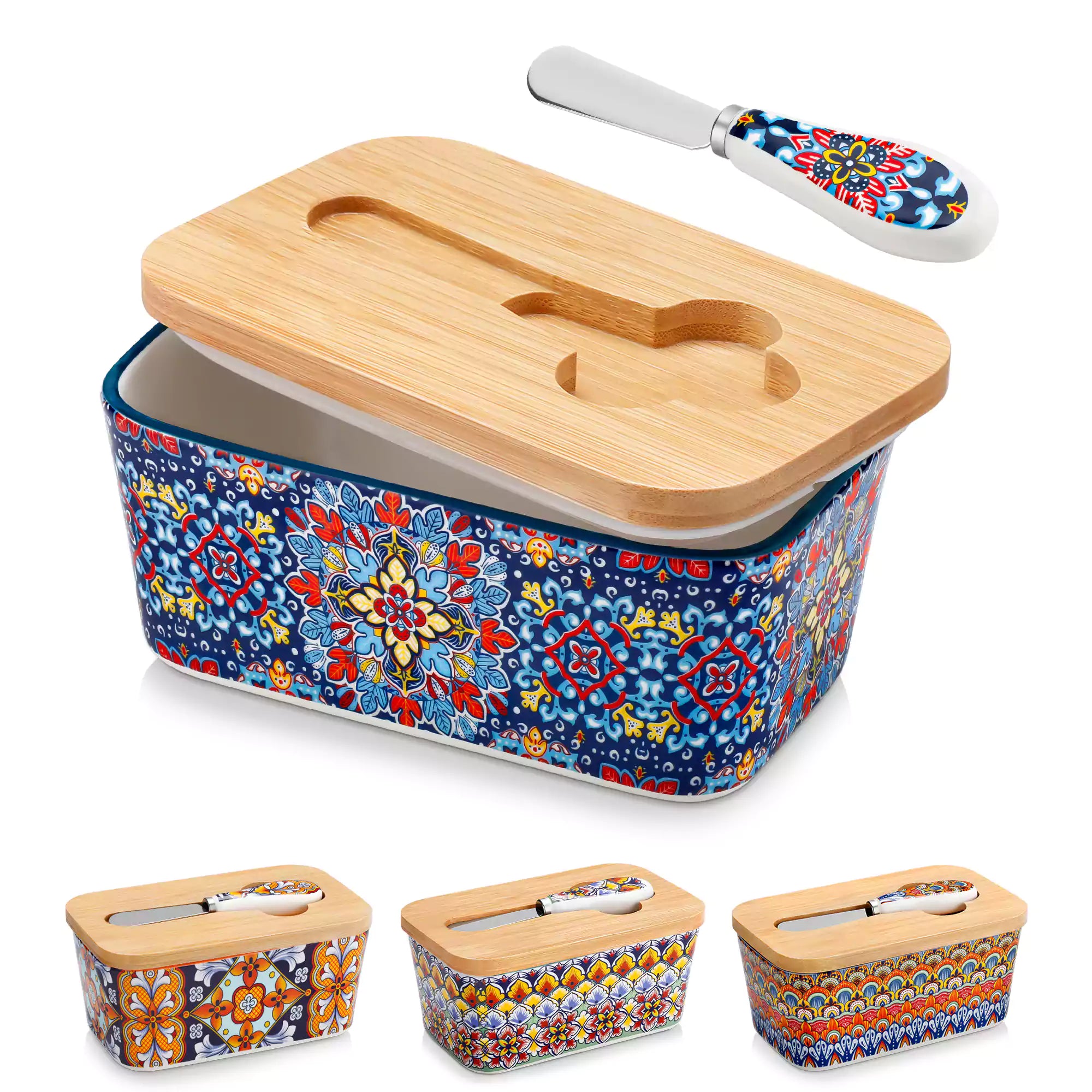 Midnight blue porcelain butter dish with wooden lid in boho chic style - perfect for a colorful breakfast table with bread and coffee-vancasso