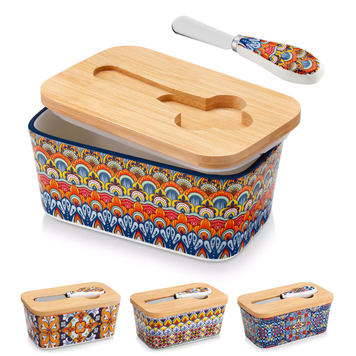 Hunter green porcelain butter dish with wooden lid in boho chic style - perfect for a colorful breakfast table with bread and coffee-vancasso