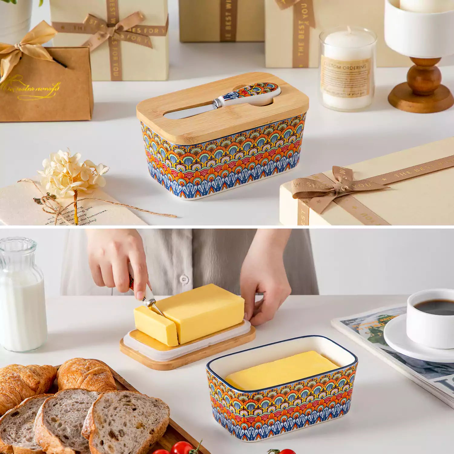 Hunter green porcelain butter dish with wooden lid in boho chic style - perfect for a colorful breakfast table with bread and coffee-vancasso