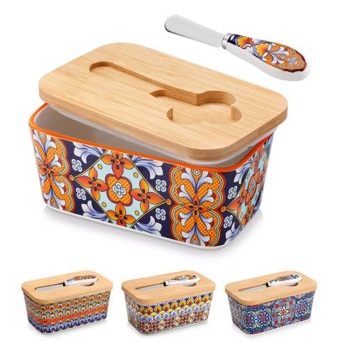 Bold orange porcelain butter dish with wooden lid in boho chic style - perfect for a colorful breakfast table with bread and coffee-vancasso