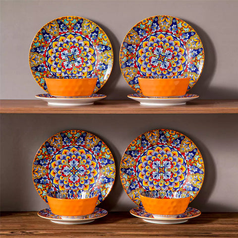 Bohemian-style 12-piece porcelain dinnerware set with front-only floral and geometric patterns in bold orange - modern and artistic table setting