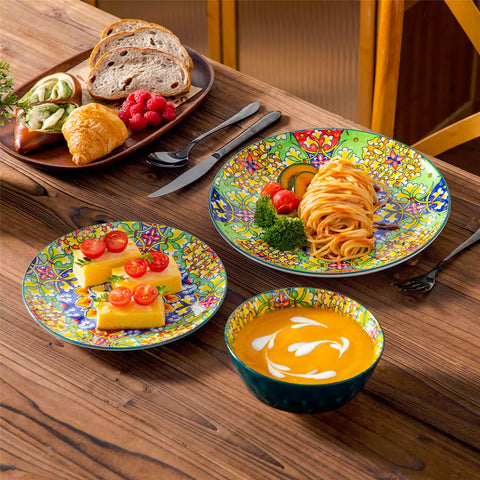 Bohemian-style 12-piece porcelain dinnerware set with front-only floral and geometric patterns in assorted mix - modern and artistic table setting